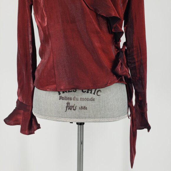 Xscape Wrap Blouse Top 10 Ruffle Trim Long Sleeve Iridescent Maroon Red Holiday - Picture 3 of 9